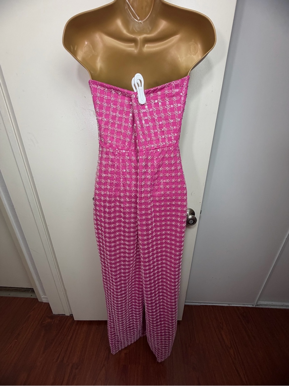Perfectly Pink Luxurious Mesh Pearl Sequin Strapless Column Maxi Dress NWT Sz S - Picture 8 of 16
